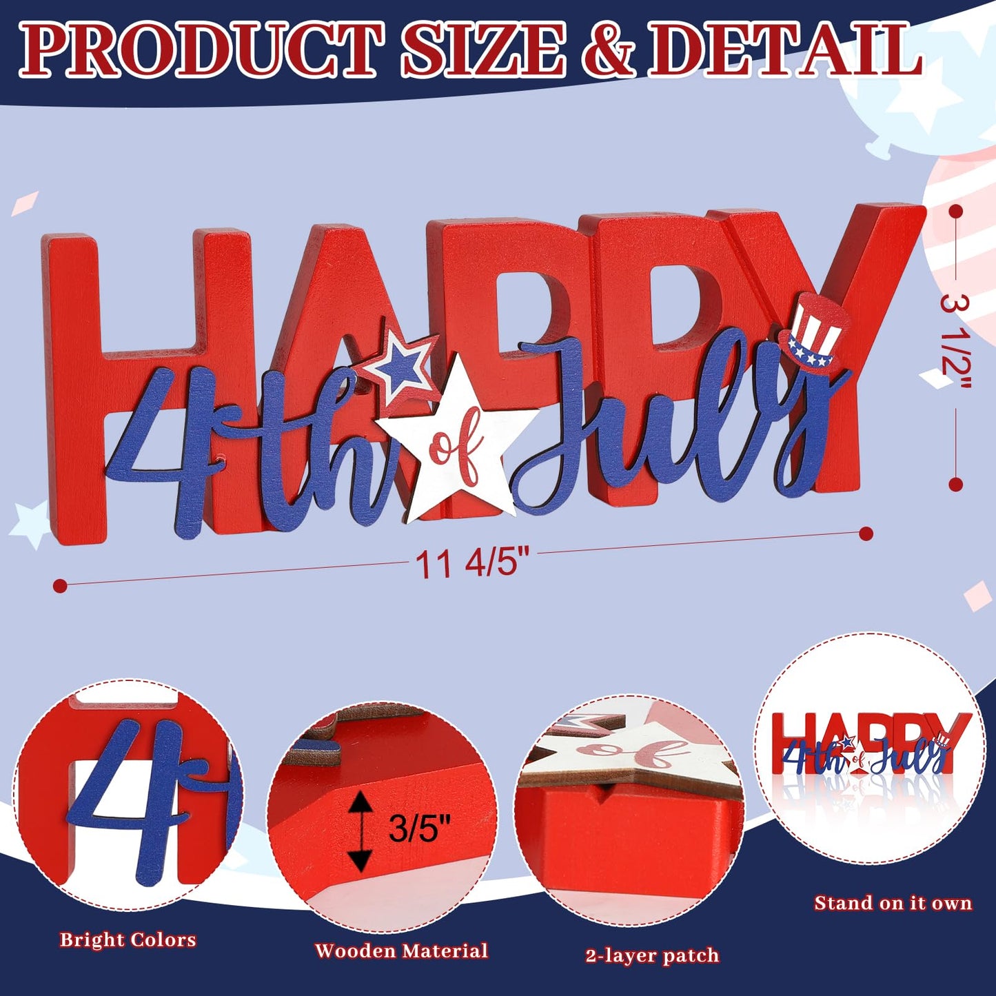 COCHIE Wooden Happy 4th of July Sign, Fourth of July Decorations for Home, Office, Shelf, Mantel, Indoor, Wood Patriotic Decor, Red Blue and White Table Top Centerpiece Party Decoration (Patriotic)