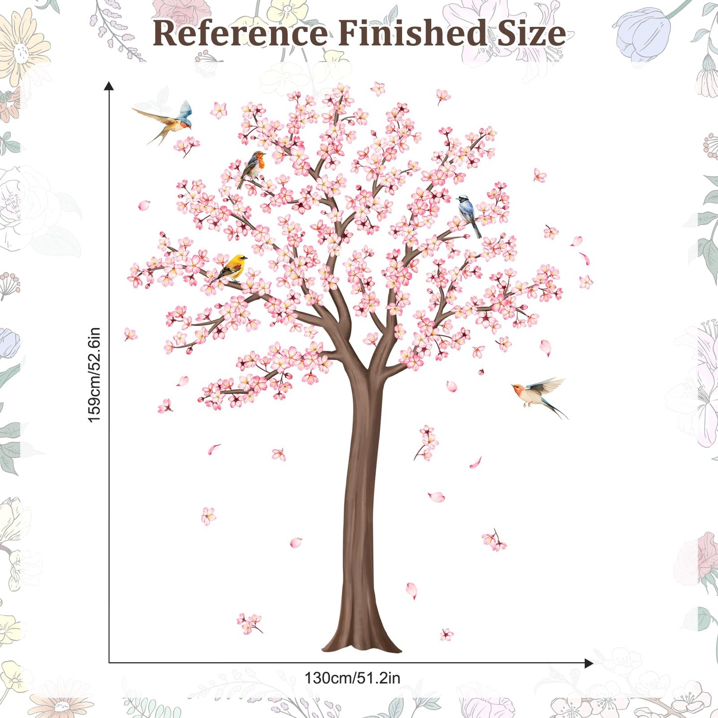 Large Cherry Tree Wall Decals, Pink Flower Blossom Tree Wall Stickers Vinyl Peel and Stick Wall Decal Self Adhesive Wall Art Sticker for Home Aisle Bedroom Office Sofa Backdrop Wall Decor (H 62.6in)