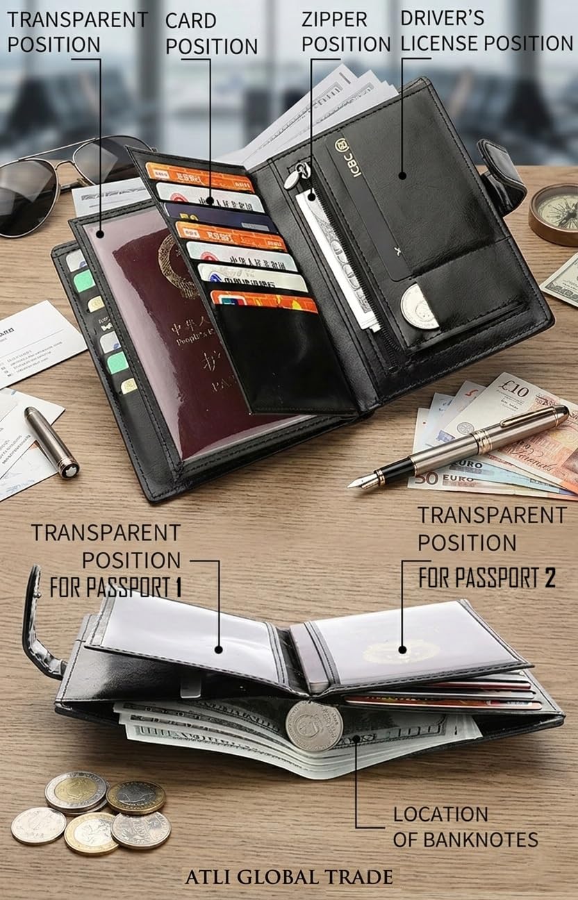 Passport Credit Card Holder - Passport Wallet for Men - Passport Holder for Travel - for 2 Transparent Passport Pockets, Boarding Pass, ID, Credit Cards, Cash, Coin - Family Passport Wallet