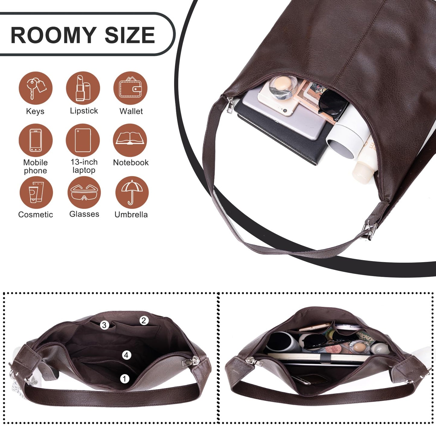 Large Hobo Bags for Women Slouchy Shoulder Tote - Vegan Leather Purse with Zipper, Foldable Crossbody Handbag for Work Travel