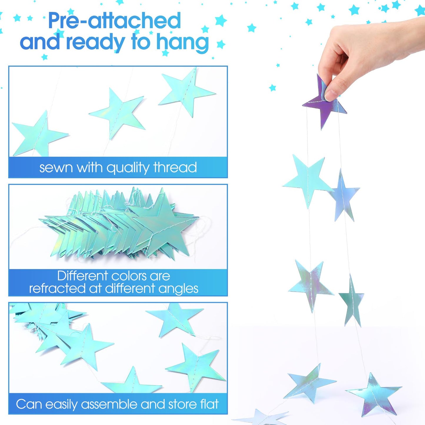 Patelai Glitter Star Garland Banner 2026 Graduation Decor 130 Feet Star Hanging Banner Twinkle Backdrop for Party Birthday Classroom Wedding Supplies(Iridescent Blue)