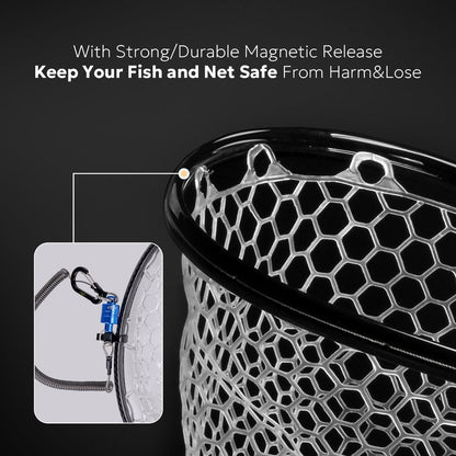 SF Fly Fishing Stealth Carbon Fiber Landing Net Soft Silicone Rubber Mesh Steelhead Catch and Release Net with Black Magnetic Net Release Combo Kit
