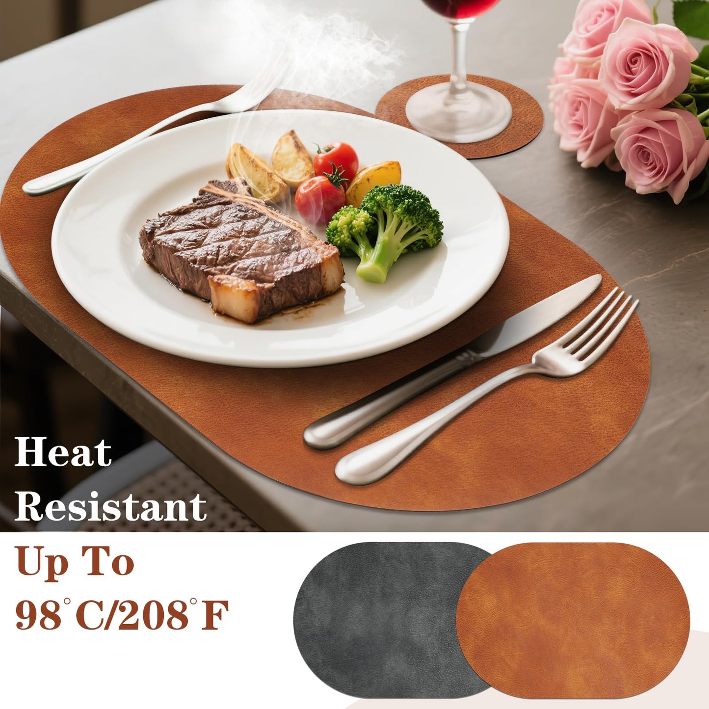 Pixieora Oval Placemats and Coasters Set of 8, Washable Reversible Faux Leather Placemats Cowhide Pattern Place Mats Wipeable Non-Slip 12 x 17 inch Kitchen Dining Table Mats (Gray Brown, 8)