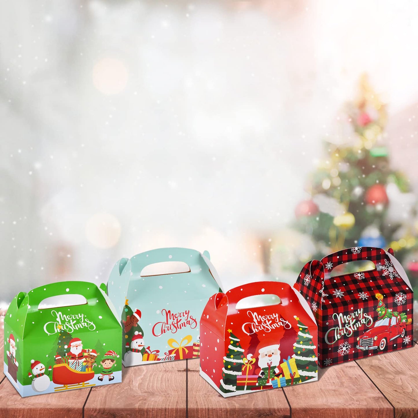 Gatherfun 24 Pieces Christmas Treat Box Candy Gable Boxes Goodie Boxes Cardboard Present Box Cookie with Handles for Christmas Party Favors, 6.2 x 3.5 x 3.5 Inches, 4 Designs