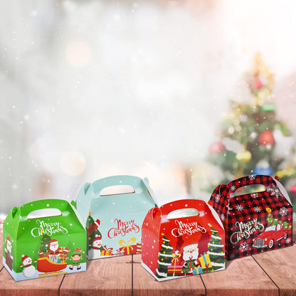 Gatherfun 24 Pieces Christmas Treat Box Candy Gable Boxes Goodie Boxes Cardboard Present Box Cookie with Handles for Christmas Party Favors, 6.2 x 3.5 x 3.5 Inches, 4 Designs