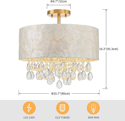 4-Lights Drum Capiz Shell Crystal Chandeliers, Coastal Design Semi-Flushmount Ceiling Light Fixture for Dining Room, Bedroom, D16xH16 inch, Shell Lampshade & Gold Finish