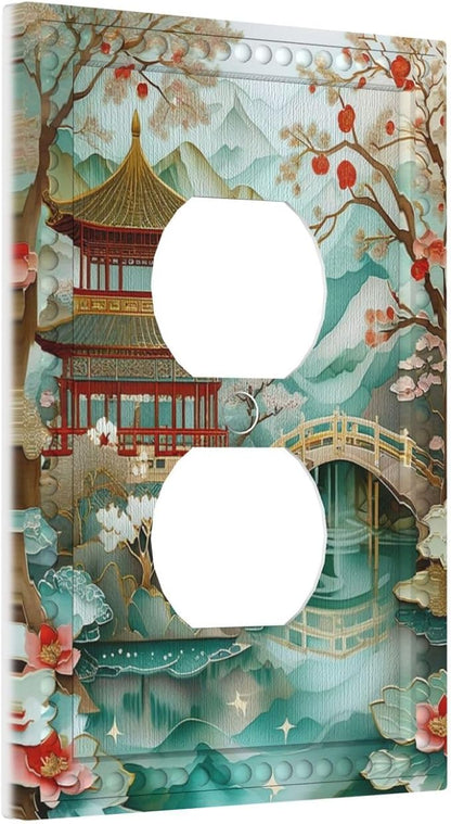 Asian Palace Traditional Bridge Cherry Blossoms Light Switch Cover 1 Gang Outlet Plate Single Duplex Wall Plate Covers Decorative Switchplate Covers Electrical Faceplate for Home Decor