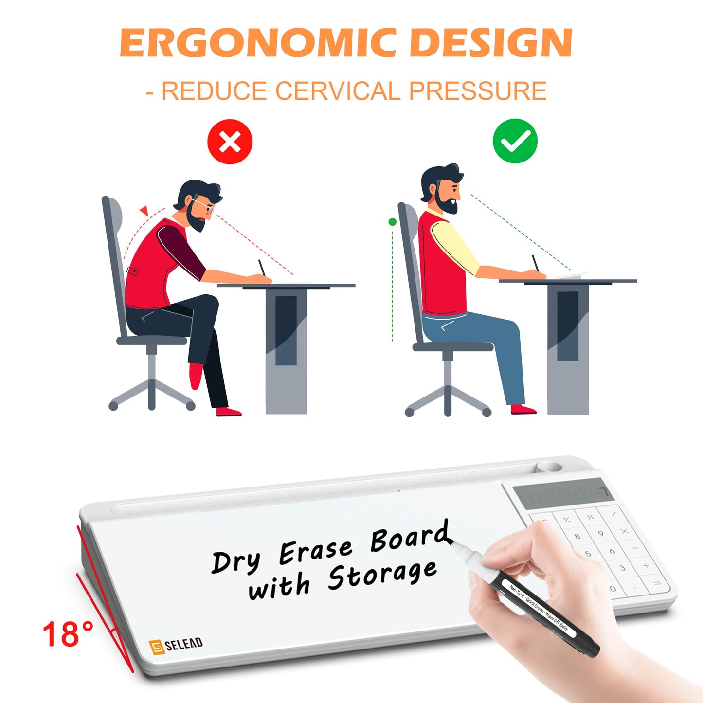 SELEAD Desktop Glass Whiteboard with Calculator & Built-in Mirror, Dry Erase White Board Computer Pad Keyboard Stand with Organizer Drawer, Desk Accessories for Home, School, Office
