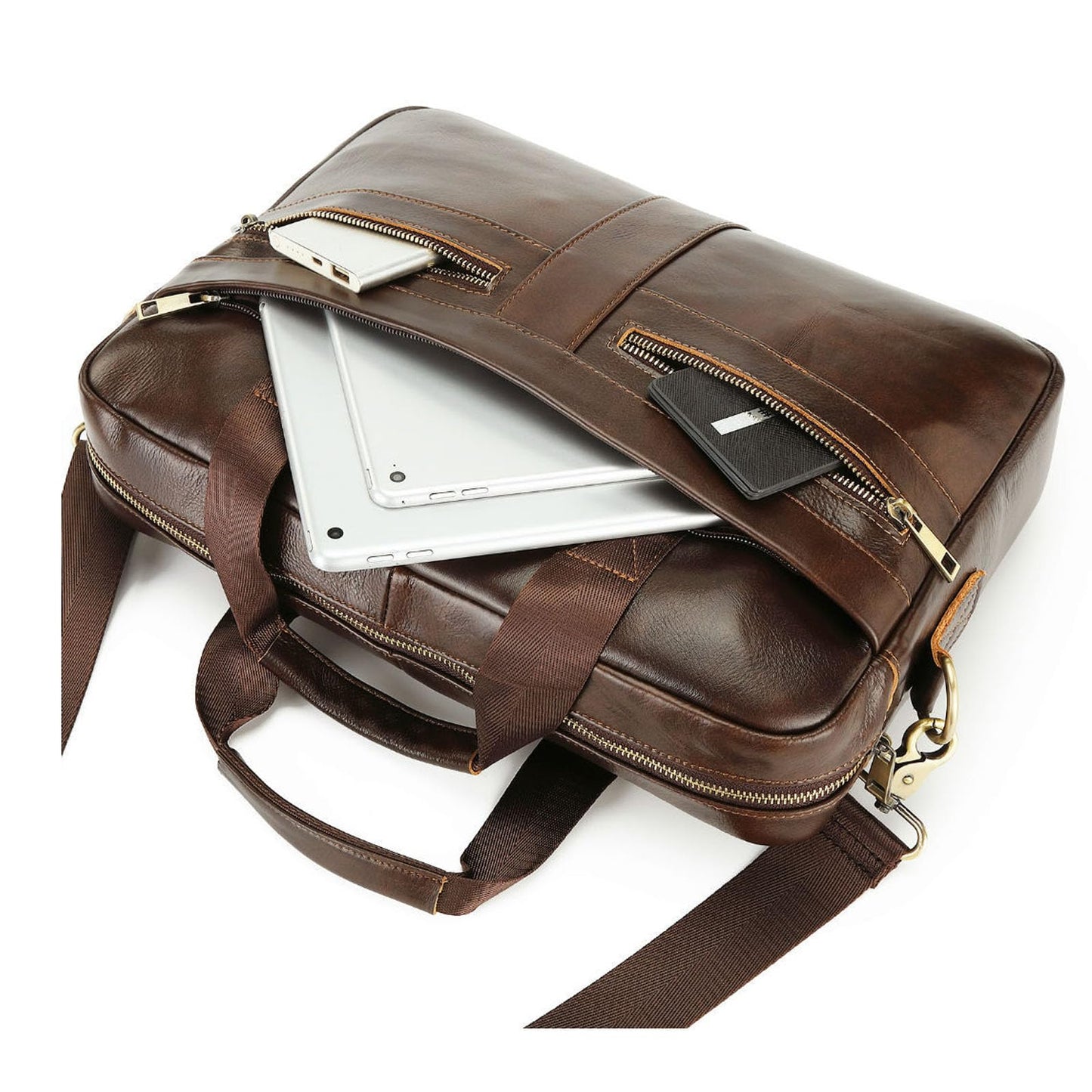 SHENGLAICAI 15.7 Inch Leather briefcases Laptop Messenger Bags for Men Best Office Shoulder Satchel Laptop Bag (Coffee)