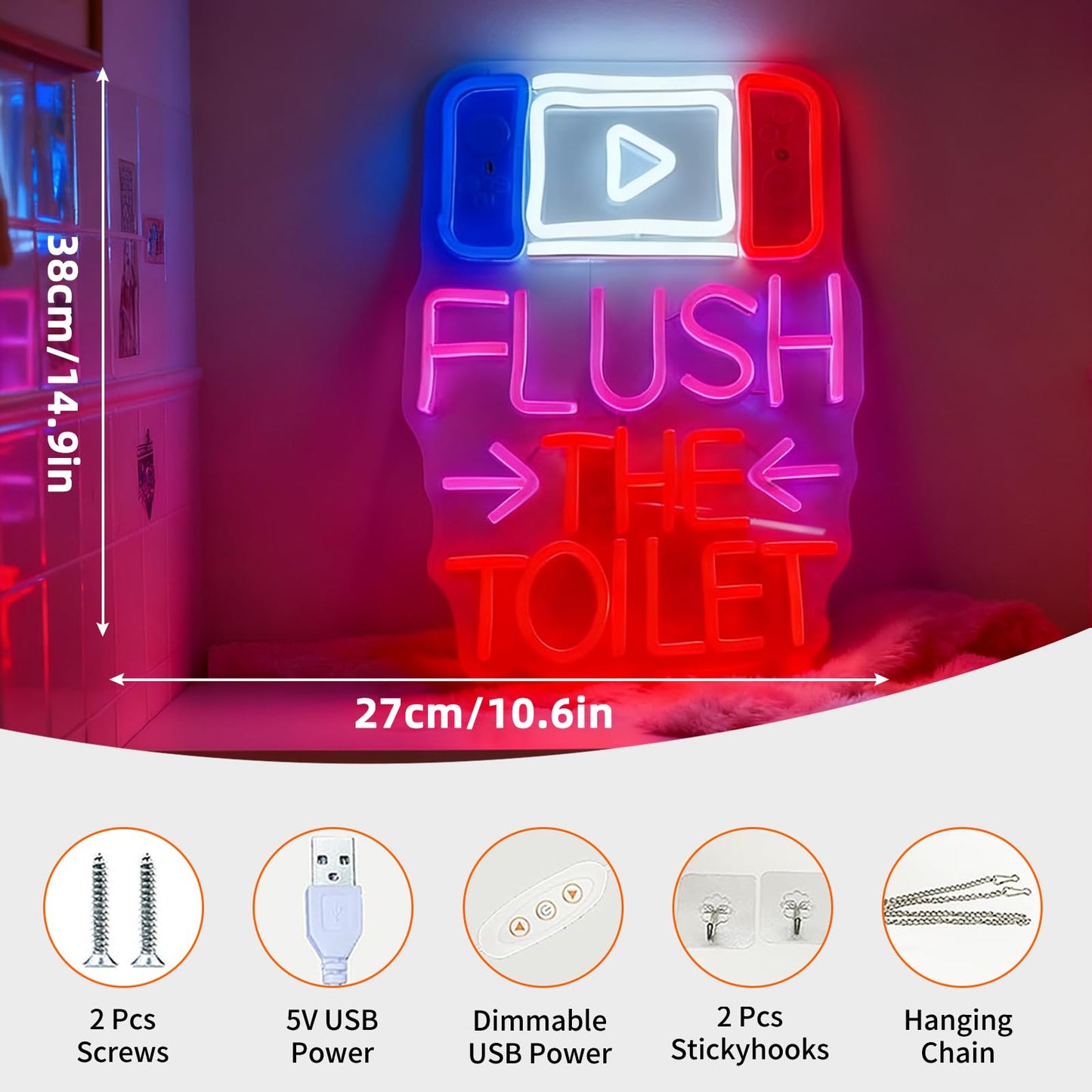 Flush The Toilet Neon Sign, USB Powered Dimmable Decorative Neon Light for Bathroom Public Restroom Home Wall Table Decor 15 x 10.6 In