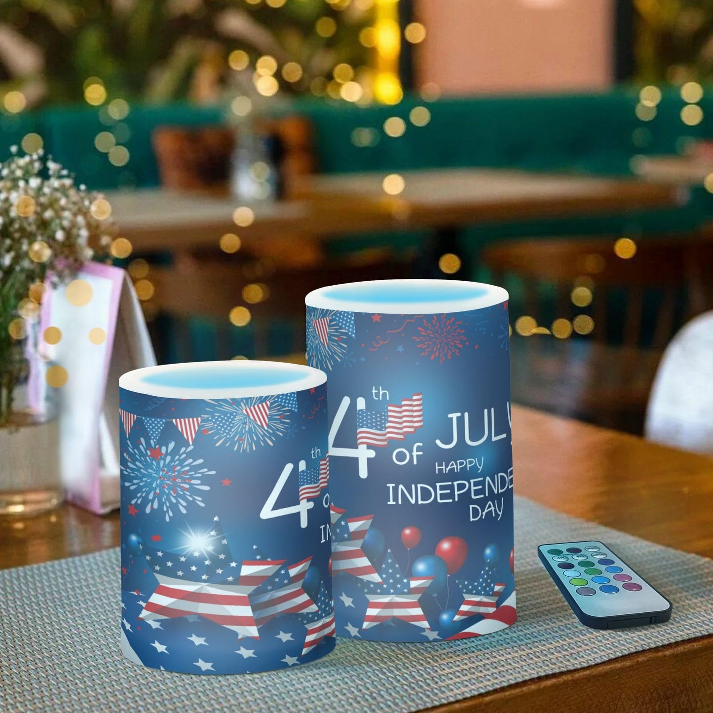 ALAZA American Flag 4th July Happy Independence Day Flickering Flameless Candles Battery Operated Remote Timer,Tea Light Candles LED Pillar Votive Candles Set of 2 for Indoor Decorations