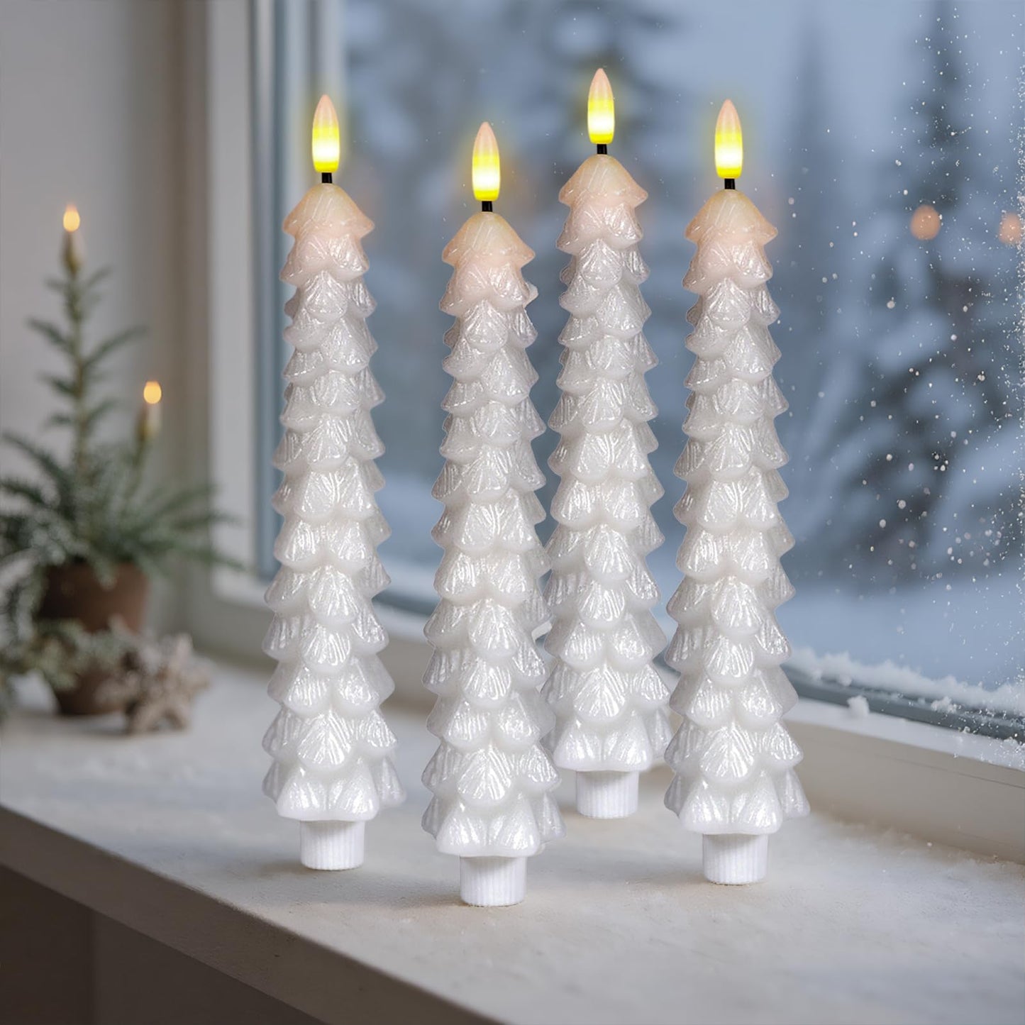 KunSwenn Christmas Tree Candles with Remote, White Christmas Tree Flameless Taper Candles Battery Operated, Real Wax Set of 4 LED Christmas Flameless Candlesticks for Xmas Winter Holiday Home Decor