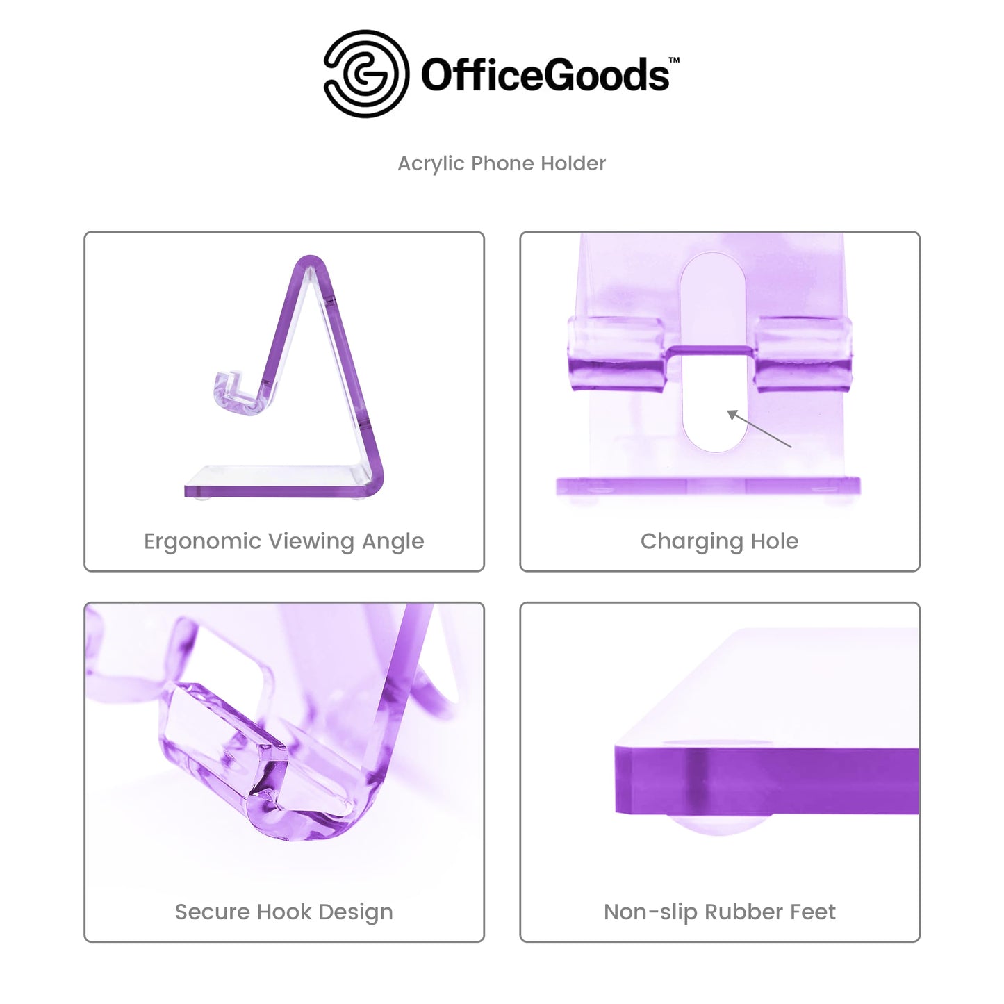 OfficeGoods Acrylic Phone Holder Aesthetic Desk Phone Stand, Compatible with 4-8 inch screens, Office Decor and Work from Home Essentials - Purple