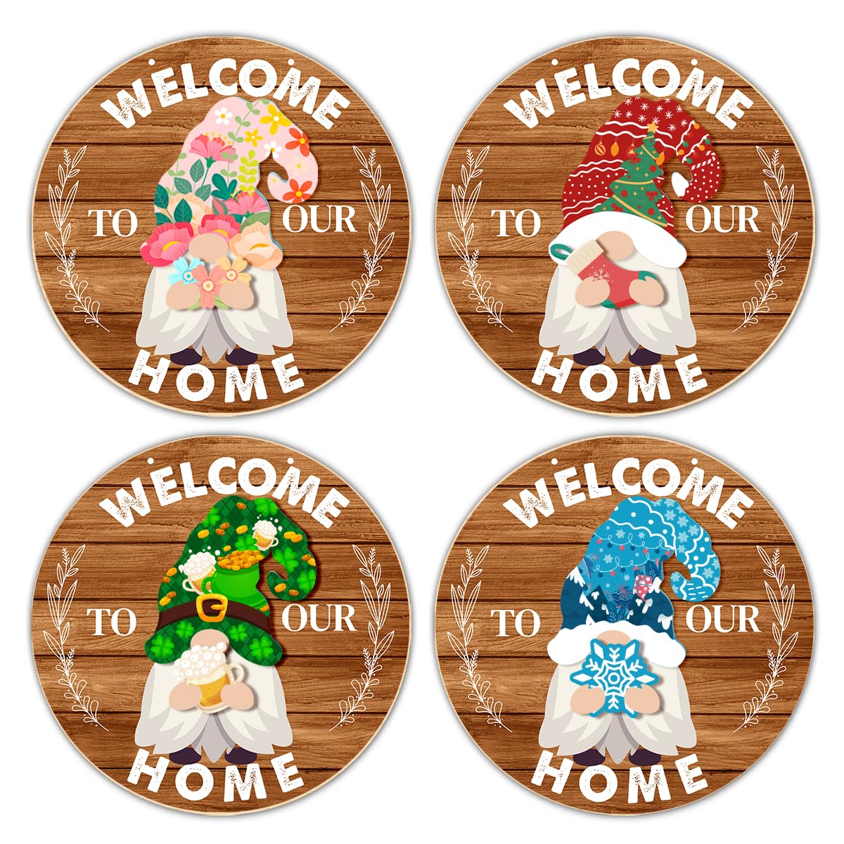 Interchangeable Gnome Welcome Sign Summer Patriotic 4th of July Door Wreath for Home, Gnomes Front Porch Decor Seasonal Wall Hanging Wood Wreath for Spring Fall Winter All Seasons Holiday, Caramel