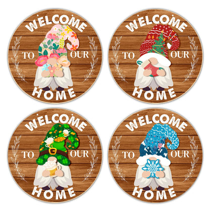 Interchangeable Gnome Welcome Sign Summer Patriotic 4th of July Door Wreath for Home, Gnomes Front Porch Decor Seasonal Wall Hanging Wood Wreath for Spring Fall Winter All Seasons Holiday, Caramel