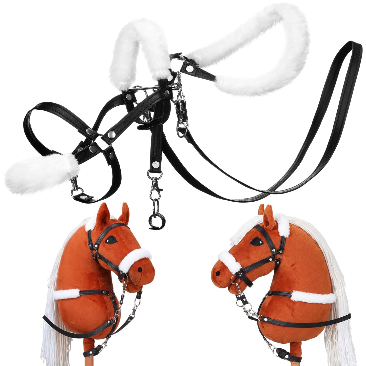 Shappy Hobby Horse Toy Accessories Realistic Horse Bridle with Metal Bit and Adjustable Reins, Faux Leather and Stainless Steel for Equestrian, Themed Events Competitions and Play(Black)