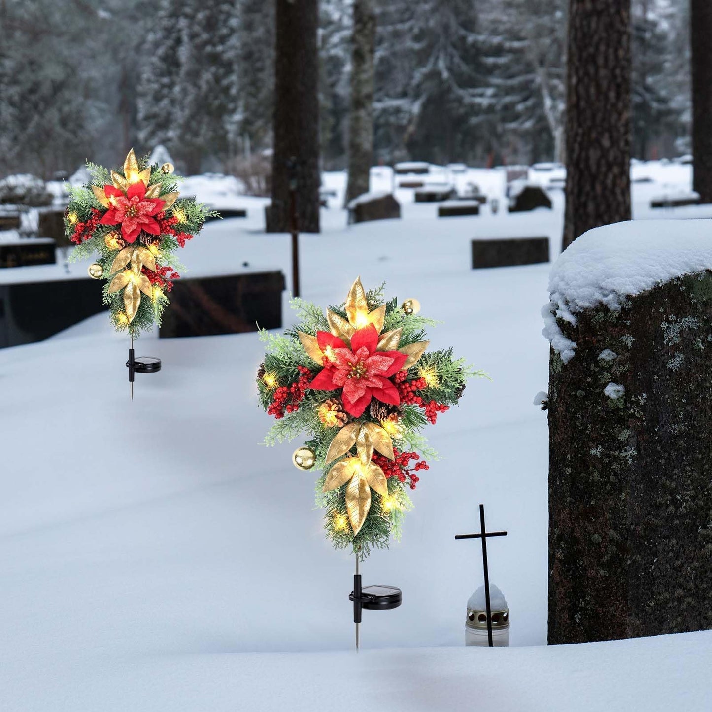 2 Pack 36" Solar Christmas Decorations Outdoor Christmas Cross Stake Lights Waterproof Cemetery Grave Decoration Faux Poinsettia Pine Cones Berries Ornament Stakes for Garden Yard Patio Lawn Cemetery