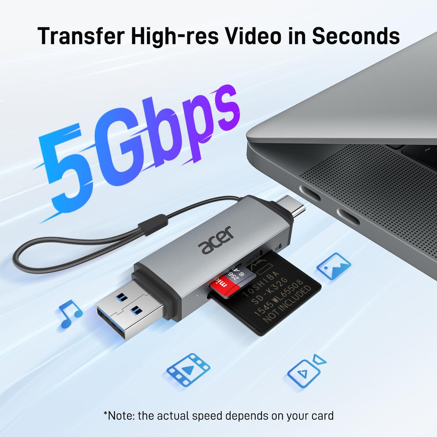 acer SD Card Reader USB C, Dual Slots USB 3.0 Type C to Micro SD Card Adapter, Memory Card Reader for MicroSD, SDHC, SDXC, Compatible with Laptop, PC, iPhone16/15, MacBook Pro/Air, iPad Pro, Android