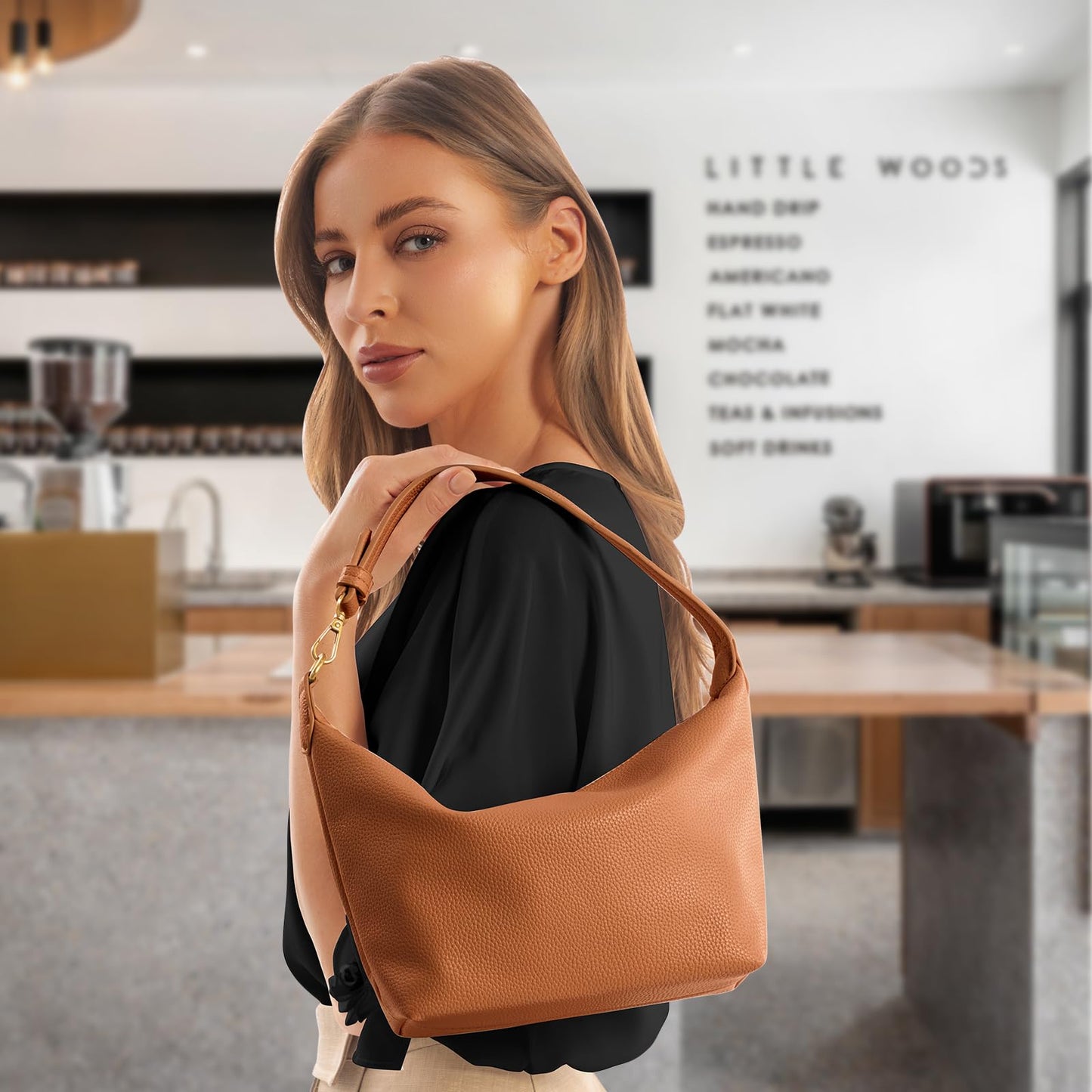 NEBIL Small Hobo Bag For Women Soft Pu Leather Shoulder Purse Slouchy Everyday Trendy Handbags with Zipper (Brown)
