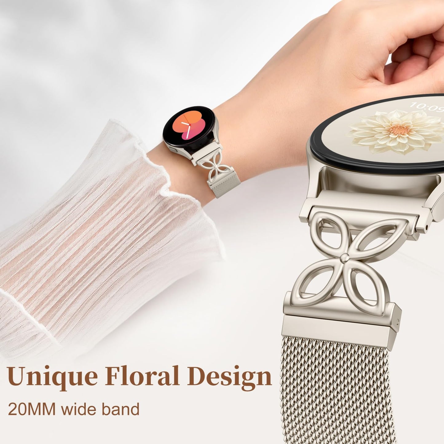 Getino Magnetic Metal Strap Compatible with Galaxy Watch 7 Band, Galaxy Watch 6 Classic Band FE 5 Pro 4 Active 2, 20mm Milanese Floral Dressy Wristband for Samsung Watch Bands Women 40mm 44mm 45mm