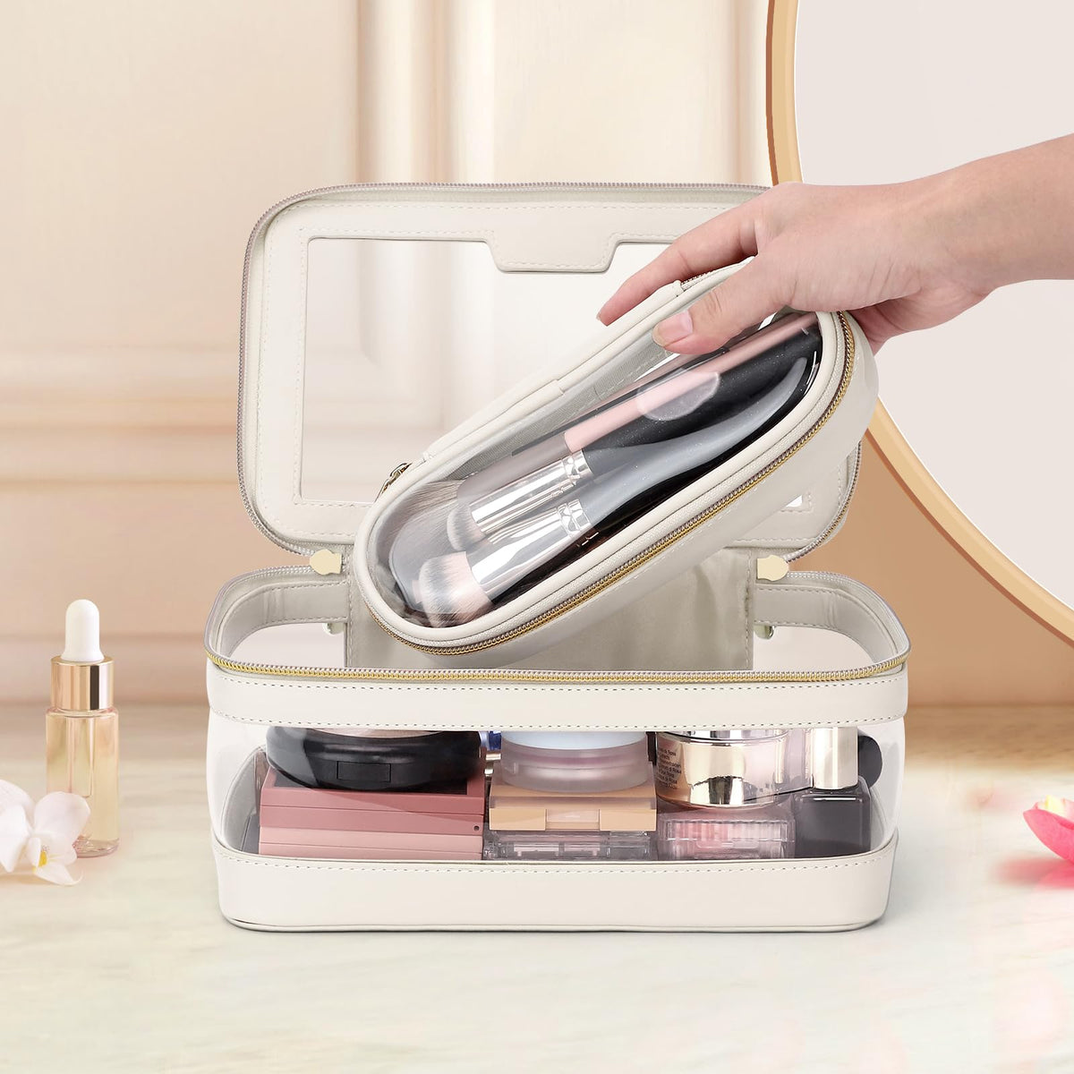 Soimeat Travel Clear Makeup Bag with Makeup Brush Bag, Leather Make up Case Toiletry Bag, Portable Cosmetic Bag Case, Transparent Waterproof Cosmetic Organizer Storage Bag for Women, Off-White