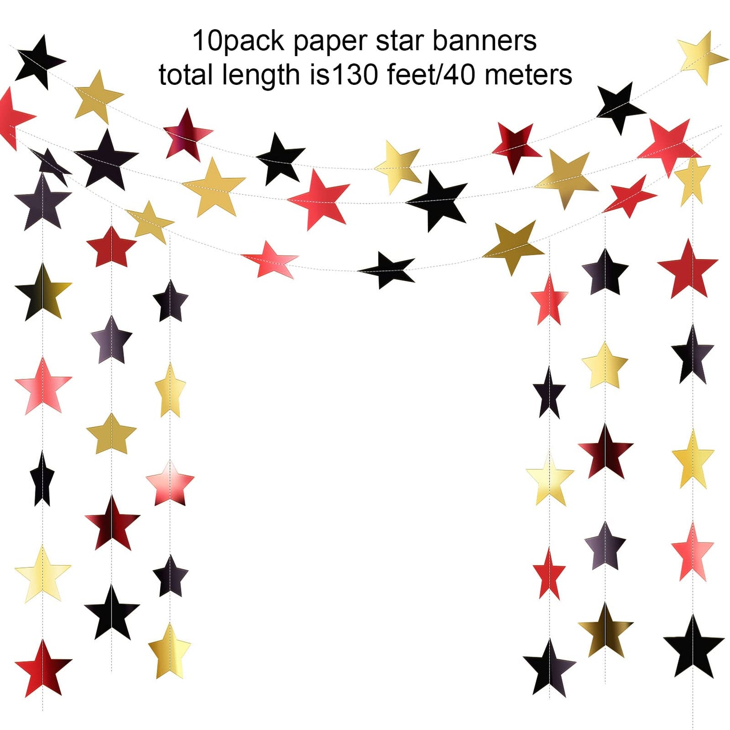 Patelai Glitter Star Garland Banner 2026 Graduation Decor 130 Feet Star Hanging Banner Twinkle Backdrop for Party Birthday Classroom Wedding Supplies(Red, Black, Gold)