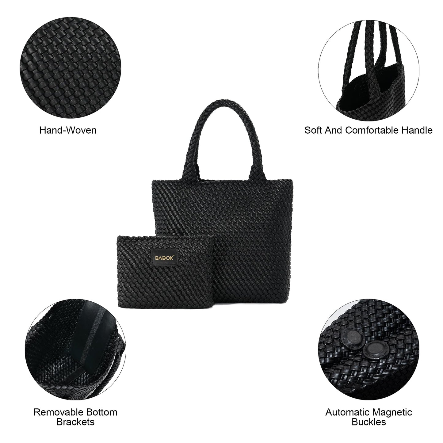 BAGOK Woven Tote Bag for Women, Handwoven Vegan Leather Shoulder Bag with Zipper Clutch, Large Tote Purse for Work, Travel, Beach & Weekend Getaway
