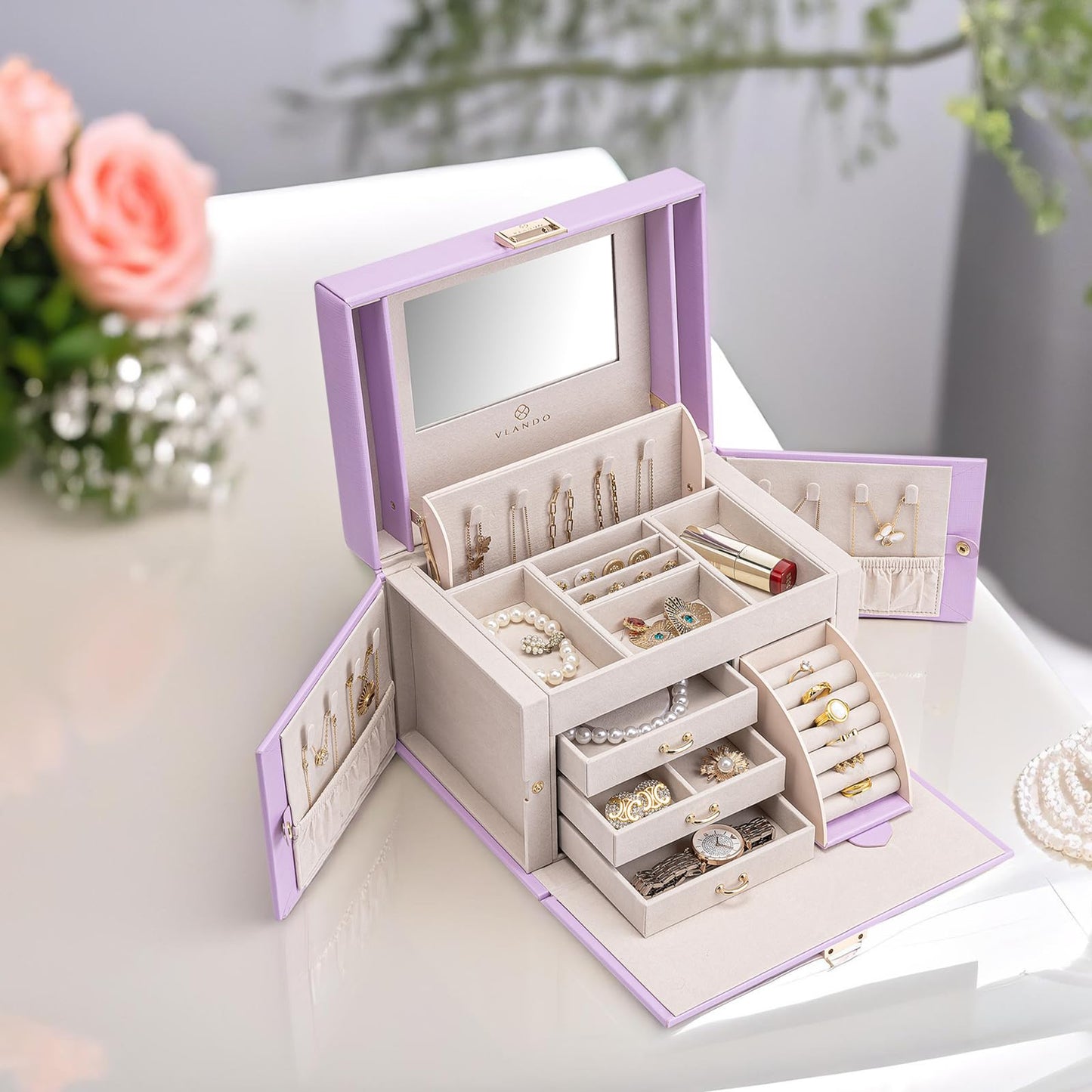 Vlando Mirrored Jewelry Box Organizer, Leather Jewelry Storage Case, Necklaces Earrings Rings Brackets Box Holder, Purple