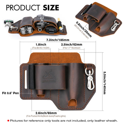 FLYHOMES Genuine Leather Multitool Sheath | Handmade Stitched Belt Organizer for Leatherman Surge | Holds Bit Kit & Extender | Flashlight Holster, Pen & EDC Tools Pouch | Dark Brown