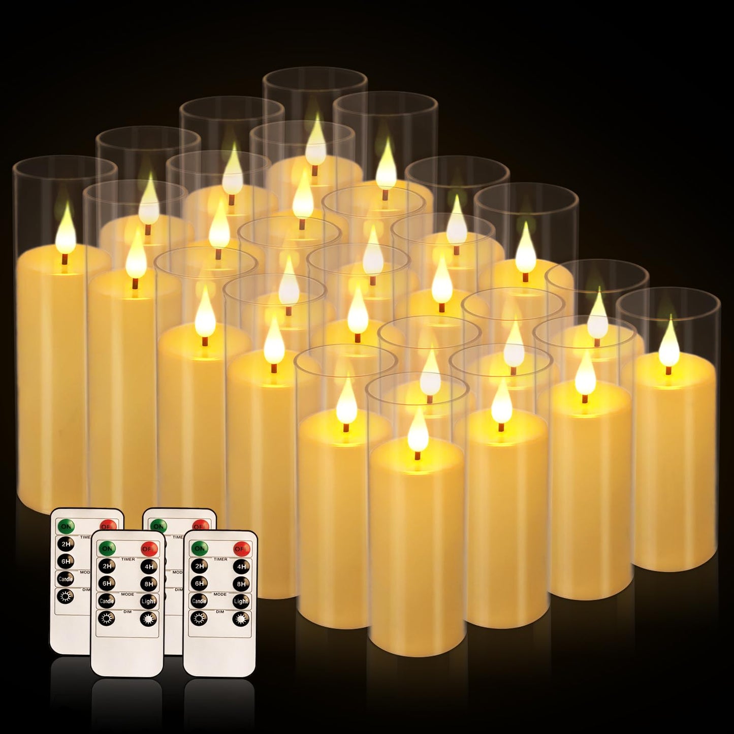 fclayvts 24 Packs of Acrylic LED Candles, Flickering Flameless Candles Battery Operated with Remote Dimmed and Timed, 3D Wick Candles for Home Decor,Wedding,Gift，Parties and Festivals. (3 Size)