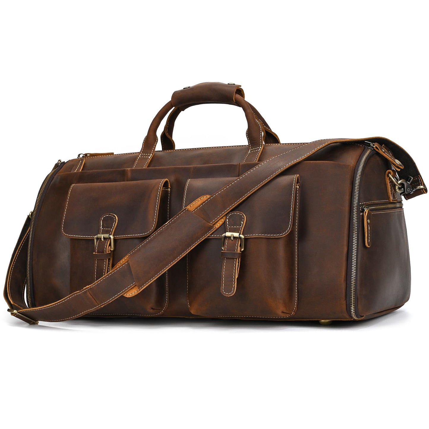 Leather Garment Bag for Men, Convertible Carry on Garment Duffel Bag for Travel Weekender Bag 2 in 1 Hanging Suitcase Suit Bag