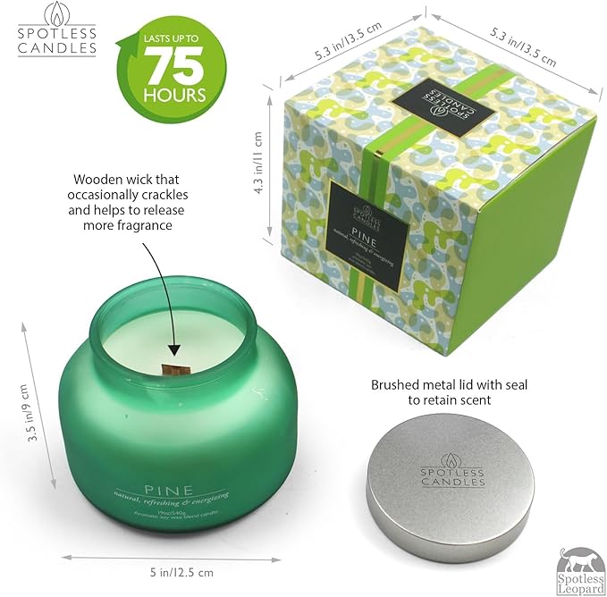 Pine Candle Large Volcano Jar -19oz 4"x5" Giant Candle with Wooden Wick, Gold Leaf Foil Gift Box & Highly Protective Shipping Box - Spotless Leopard