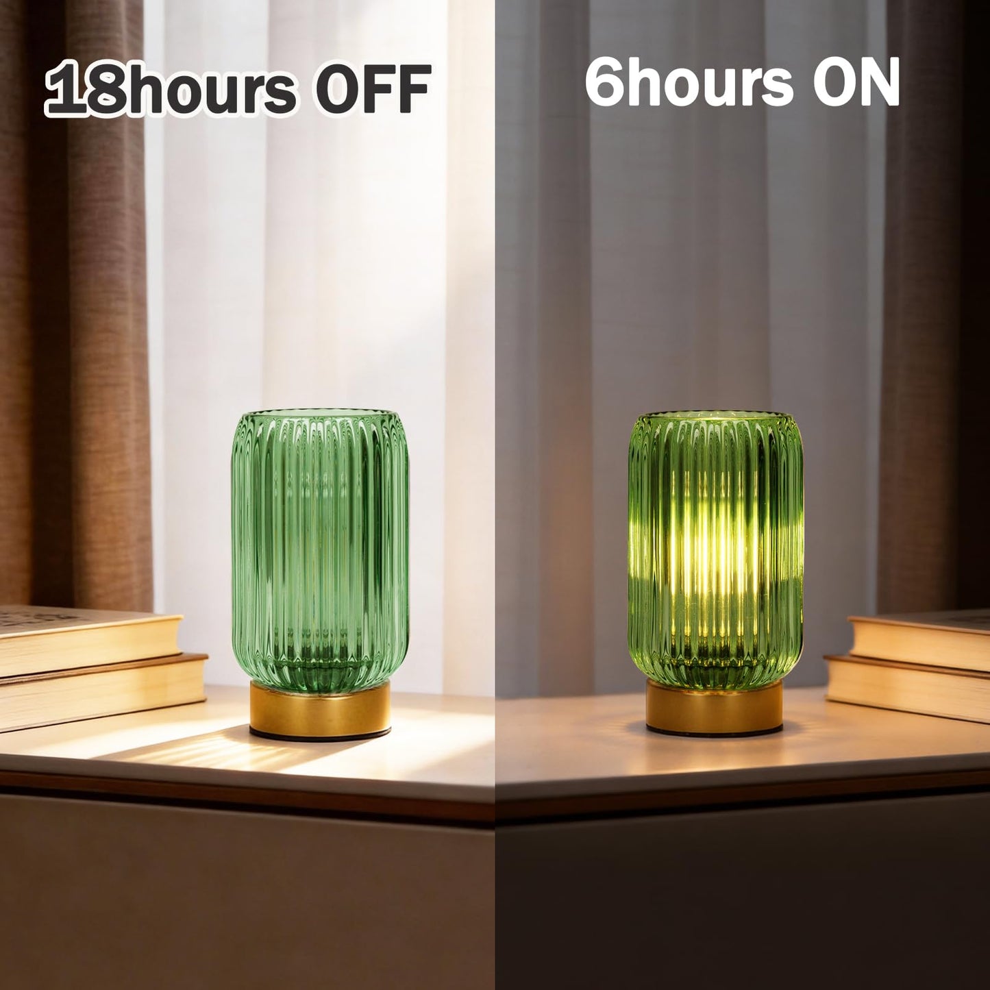 MJ PREMIER Cordless Lamp, Battery Operated Lamp with Timer, Green Glass Lampshade, Small Table Lamps for Area No Plug, Decorative Led Light for Bedroom Living Room Shelf (Green)