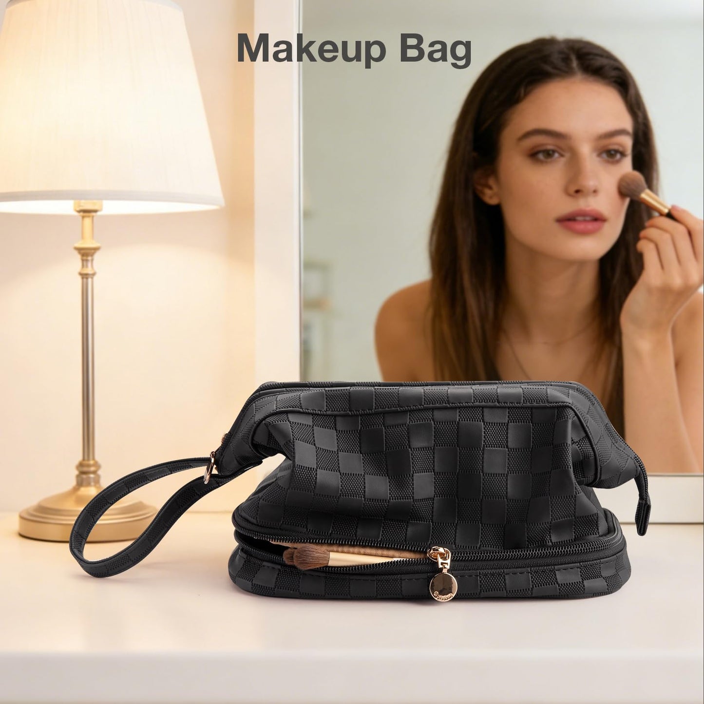 Abiudeng Large Makeup Bag for Women,Travel Makeup Organizer with Brush Holder, Dopp Kit Essentials,Waterproof Checkered Cosmetic Bag for Traveling,Multi Compartment,Cute,Spacious Capacity-Black