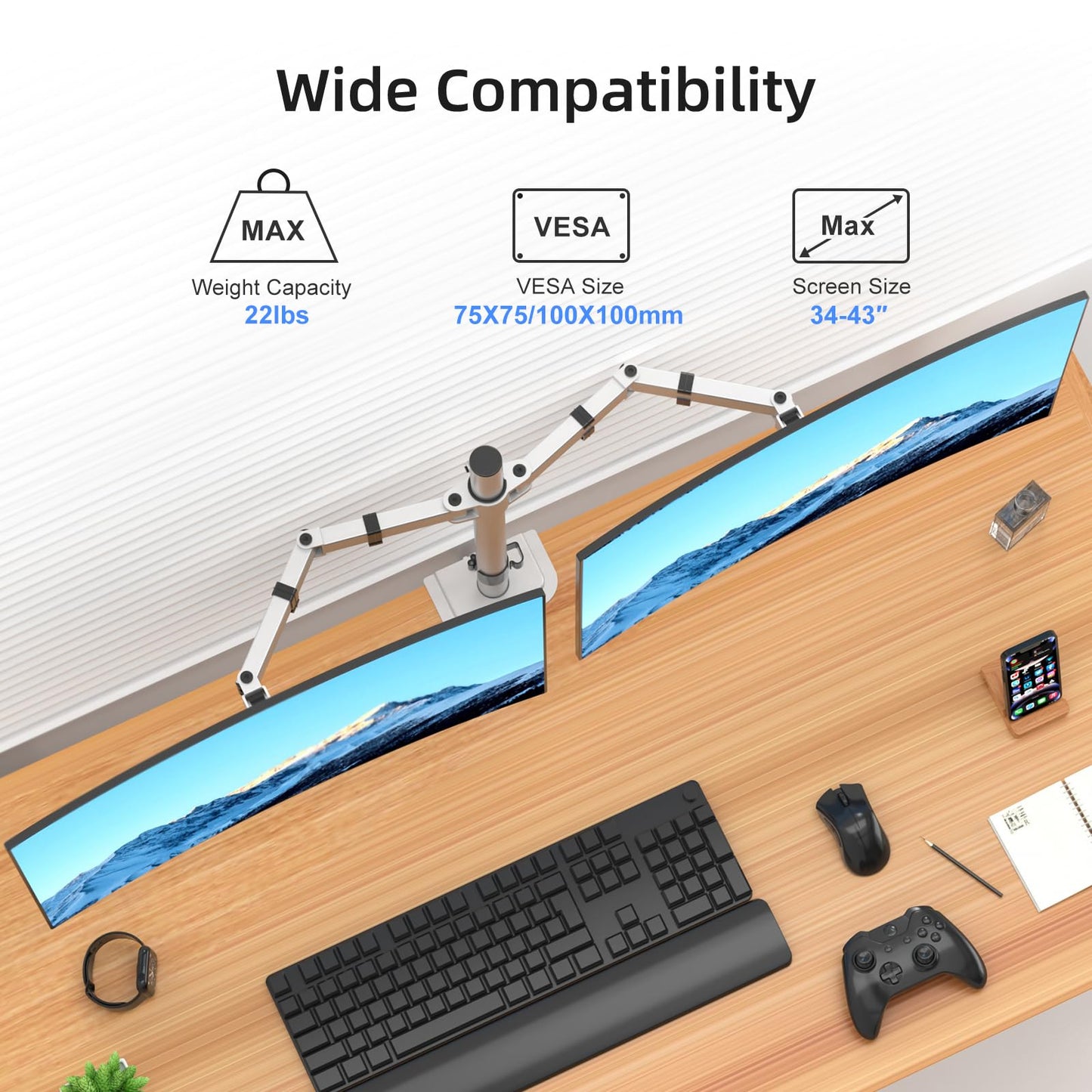 Suptek Dual Monitor Desk Mount, Adjustable Dual Monitor Arm for 2 Monitor Screens up to 43 inch, 15.75" Pole Monitor Stand for Desk, Holds up to 22 lbs,Silver(MD9442LS)