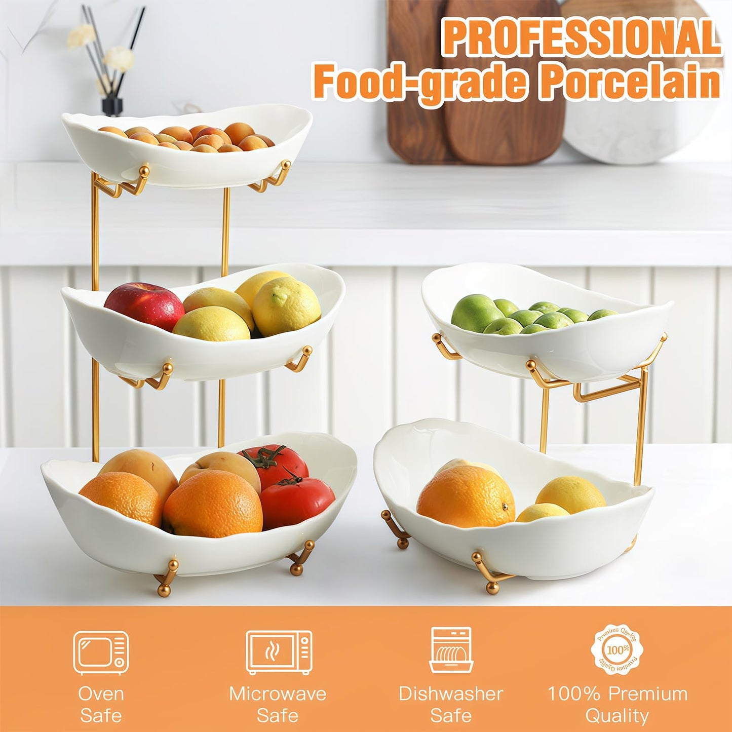 HOMKULA Ceramic Fruit Bowl for Kitchen Counter - 3 Tier Fruit Basket with Metal Stand, Tiered Fruit Stand for Countertop, Snack, Nuts, Cake, Dessert, Cute (Gold, Small) 1