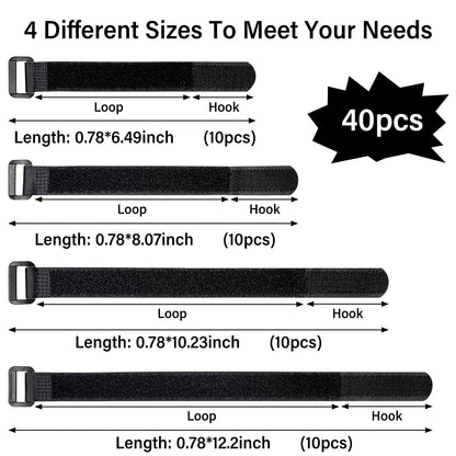 40pcs Reusable Cable Ties - 4 Sizes (6/8/10/12 Inch) - Hook and Loop Cinch Straps for Wire Management - Heavy Duty Cord Organizer & Wire Ties for Electronics, PC, Home & Office