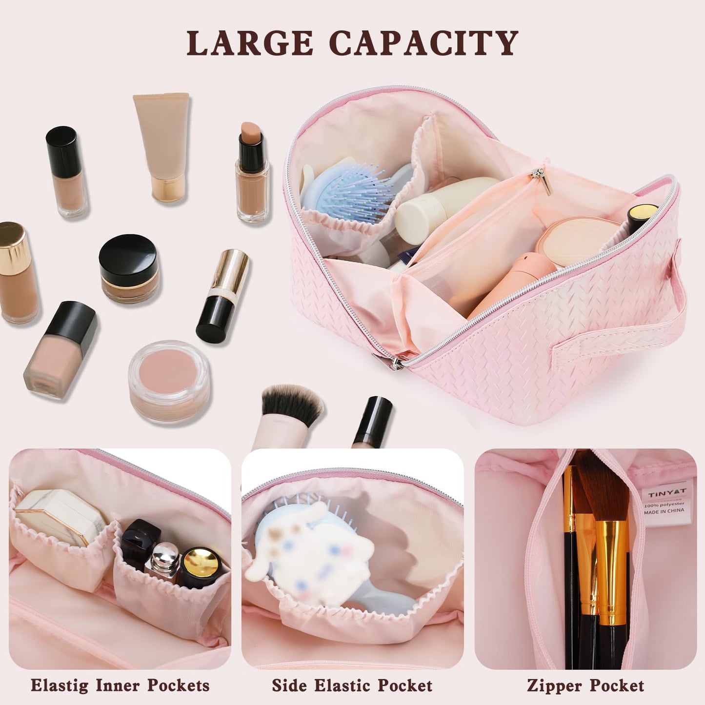 TINYAT Travel Makeup Bag for Women Open Flat Cosmetic Bags Leather Toiletry Bag Waterproof Pouch Travel Essentials Organizer