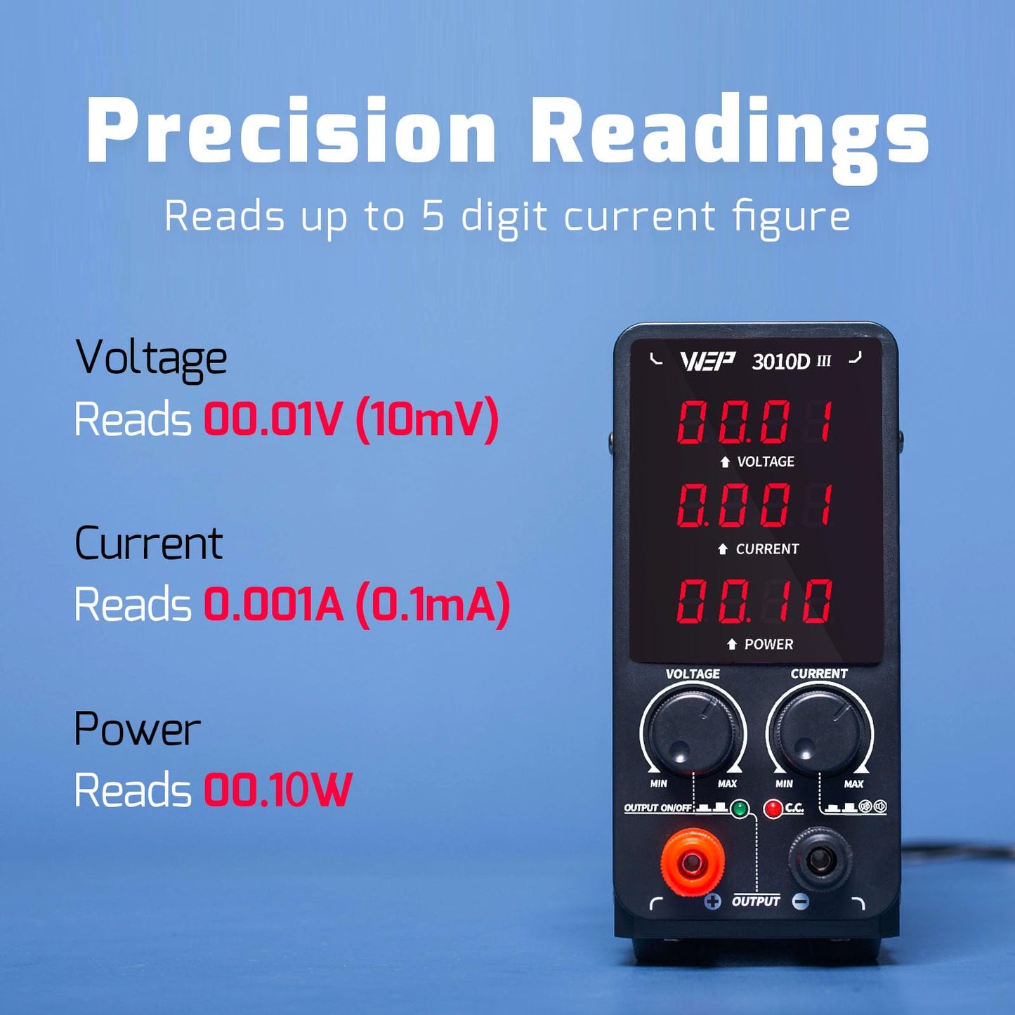 WEP 3010D-III DC Variable Power Supply 30.00V 10.00A High Precision Bench Lab Power Supply with Alligator Clips for anodizing kit, Electroplating, arduino, breadboard