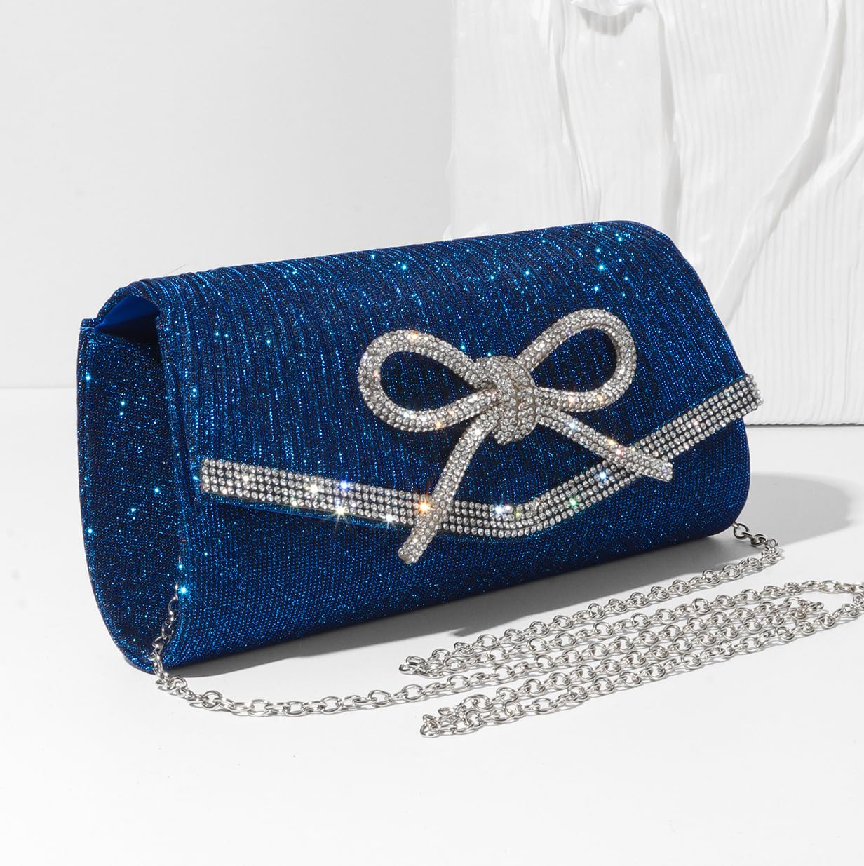 Trisapu Bow Evening Bag Sparkly Clutch Purses for Women Wedding Glitter Rhinestone Party Prom Purse Dressy Clutch Bags Blue