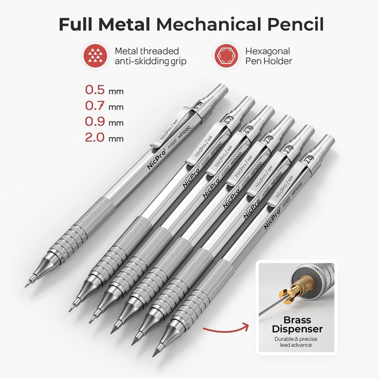 Nicpro 30PCS Silver Metal Mechanical Pencils Set in Leather Case, Art Drafting Pencil 0.5, 0.7, 0.9 mm, 2mm Lead Pencil Holder for Sketching Drawing With 16 Tube (6B 4B 2B HB 2H 4H Colors)Lead Refill