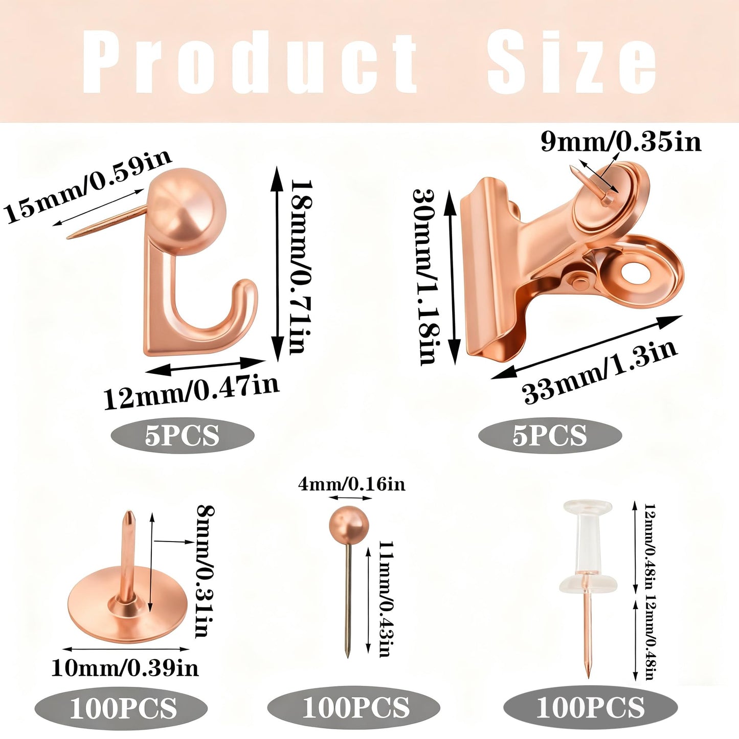 310 Piece Rose Gold Push Pin Set with 5 Styles - Decorative Thumb Tacks, Map Tacks, Clips & Hooks for Bulletin Boards, Office & Home Organization - Durable Plastic Storage Box Included（Rose Gold）
