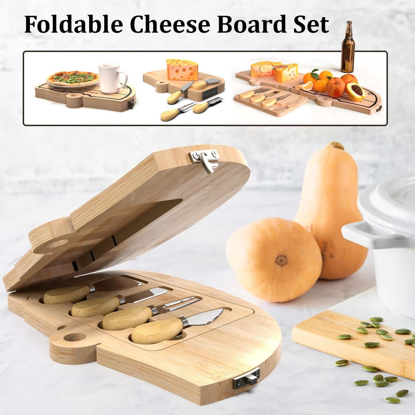 Haigoo Foldable Bamboo Charcuterie Board Set - Unique Cheese Cutting Board Gift Set for Mom, Dad, Couple or House Warming