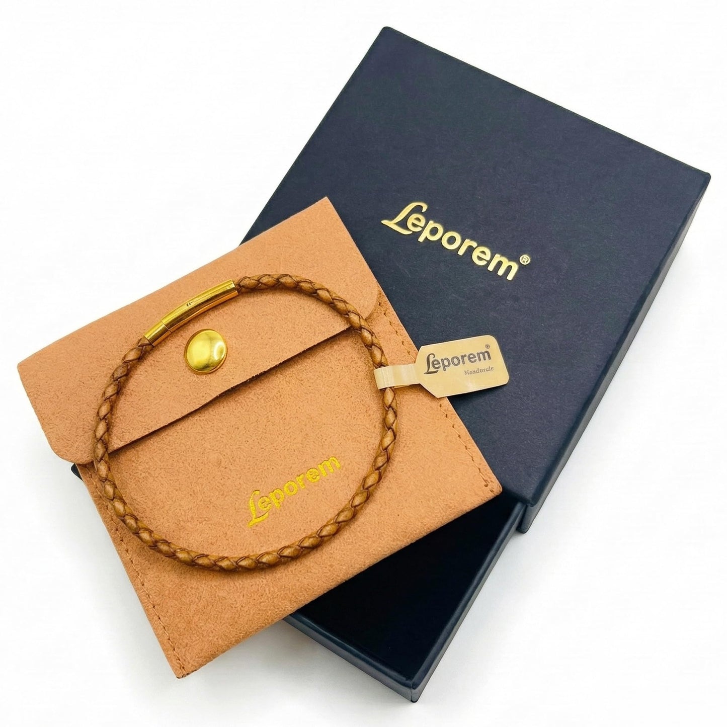 Leporem Real Leather Wristband 7.9 Inch Unisex 18K Gold Push Lock Clasp Bracelet Minimalist Wristlet Luxury Gift Box (Brown, 7.9 Inch)
