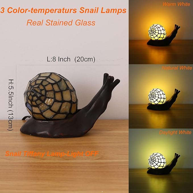 Tiffany Style Table Lamp for Bedroom Snail Stained Glass Bedside LED Night Light for Kids 3 Way Color Temperatures Party Light Hand-Made Art Home Deco Christmas Gifts Birthday Gifts