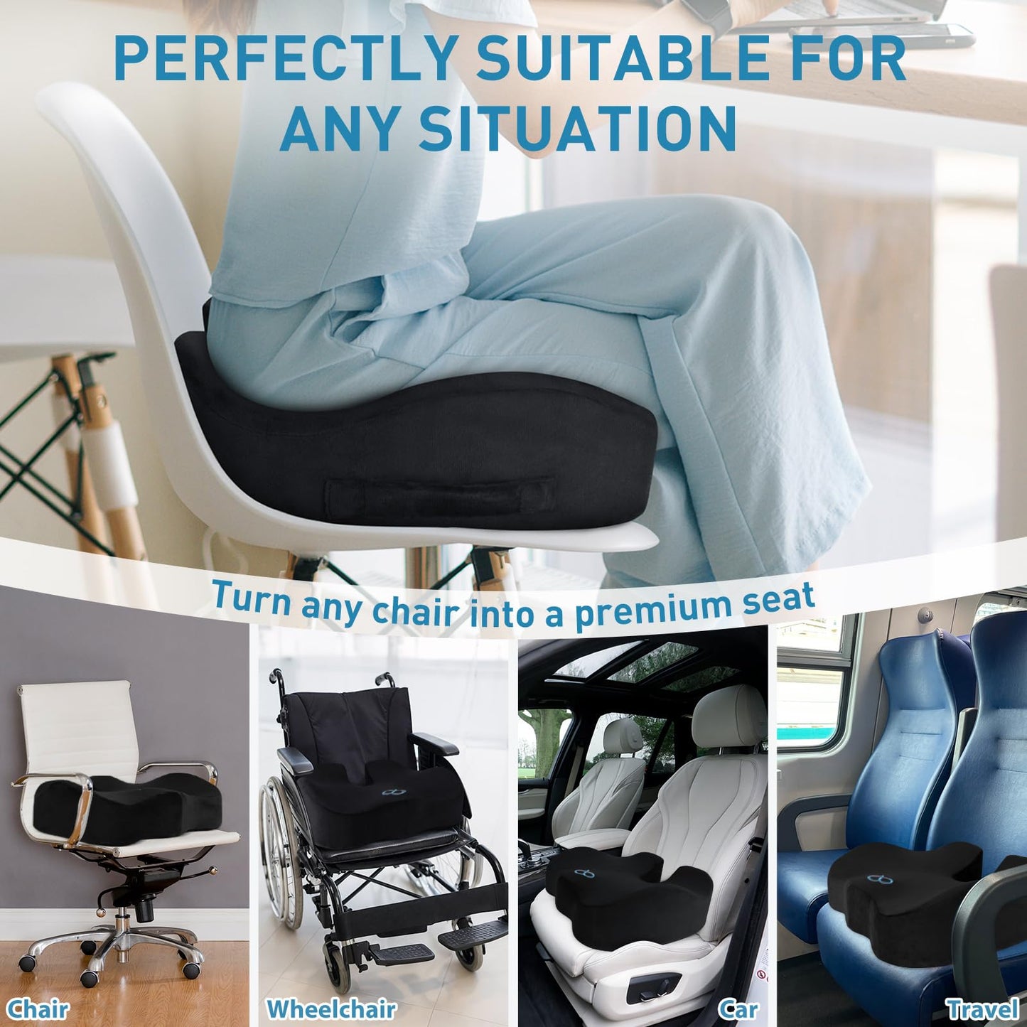 BlissTrends Seat Cushion with Velvet Cover, Thick Memory Foam Cushions for Office Chair, Car Seat, Airplane, Relieving Pressure Tailbone Sciatica Back Pain for Long Sitting, Car Drivers 4.7in Black