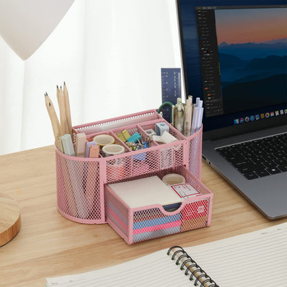EOOUT Pink Desk Organizer, Pen Holder for Desk and Accessories, Mesh Desk Organizer with 8 Compartments and 1 Drawer for Office Home School Classroom