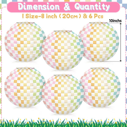6pcs Pastel Checkered Paper Lanterns Party Decoration, 8inch Pink Gingham Ruond Hanging Lanterns Party Decor for Home Yard Ceiling Classroom Wedding Engagement Birthday Christmas Supplies