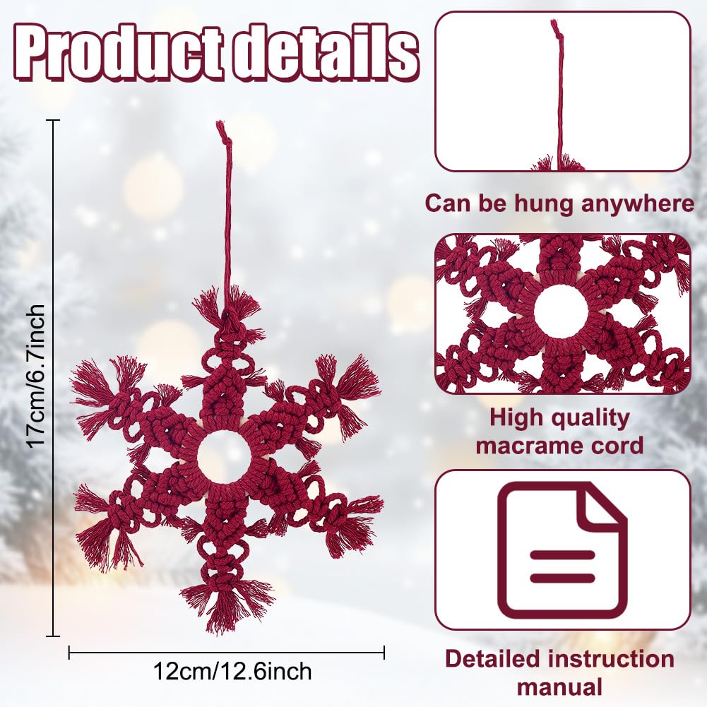 FREEBLOSS 4 Set DIY Macrame Snowflake Kit Christmas Macrame Ornaments Woven Wall Hanging Kit with Instruction Christmas Handmade Wall Hanging for Home Birthday Wedding Party Decor