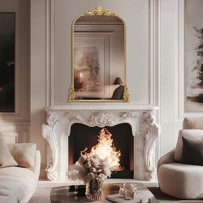 Growsun Vintage Gold Arched Mirror, 24’’x42’’ Antique Baroque Ornate Wall Mirror Decor with Full Metal Frame for Fireplace/Entryway/Living Room/Bathroom